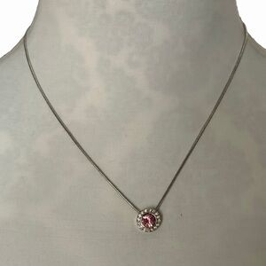 Silver Tone Pink Crystal Halo Pendant Necklace – Adjustable Chain